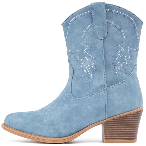 Image of IXU Cowboy Boots for Women Ankle Cowgirl Booties Wide Mid Calf Pointed Toe Western Boots Short Chunky Classic Booties