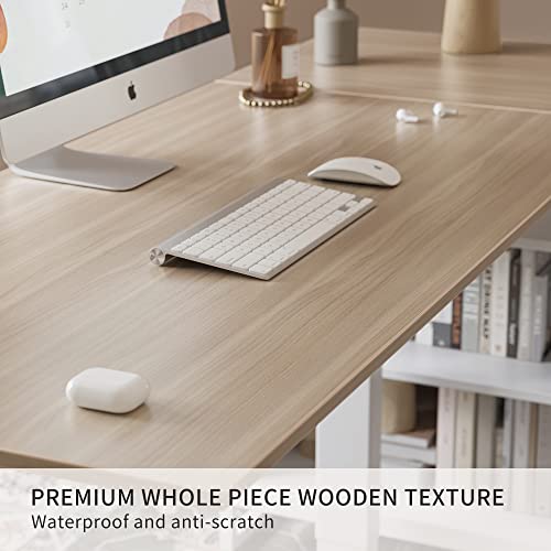 Fezibo 66 Inch Executive L Shaped Standing Desk With 2-Drawer File Cabinet, Electric Height Adjustable Stand Up Desk, Home Office Modern Computer Desk With Shelves, White Frame/Light Walnut Top #TOP7