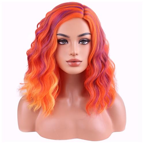 Image of BERON Orange Pink and Purple Short Wave Wig for Women Girls Colored Body Heat Resistant Synthetic Wig for Cosplay Costume Party or Daily