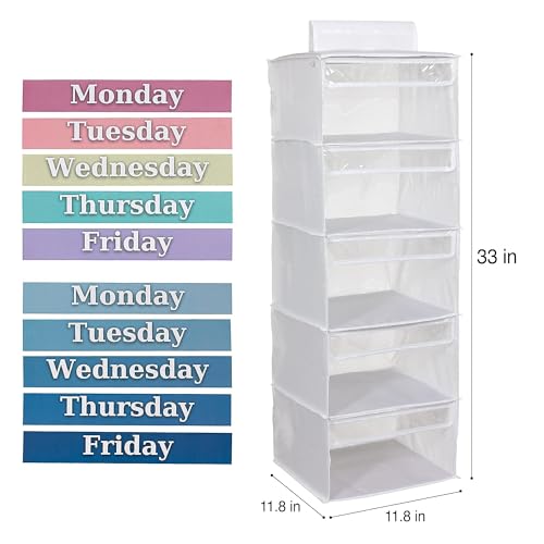 5-Shelf Weekly Clothes Organizer for Kids, 33-Inch Hanging Closet Storage Unit for School Outfits, Monday Through Friday Daily Clothing Divider for Boys and Girls - Image 4
