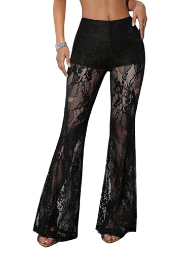 Pantalon évasé transparent dentelle chic GORGLITTER haut de gamme