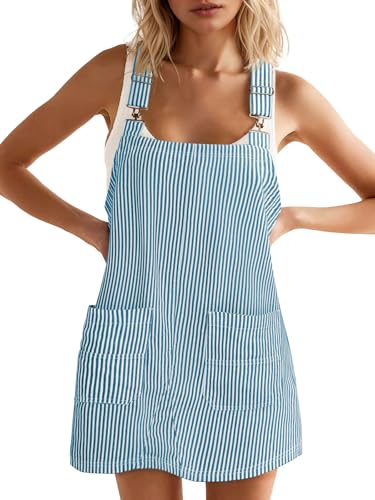 Image of Yousify Womens Casual Denim Dress Summer Striped Overalls Romper Adjustable Straps Sleeveless Jean Dresses with Pockets