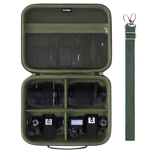 L LTGEM Medium Camera Case Compatible with Canon/Sony/Nikon DSLR Mirrorless Camera and Multiple Lens, Hard Travel Carrying Case with 3 Dividers and Shoulder Strap, Green