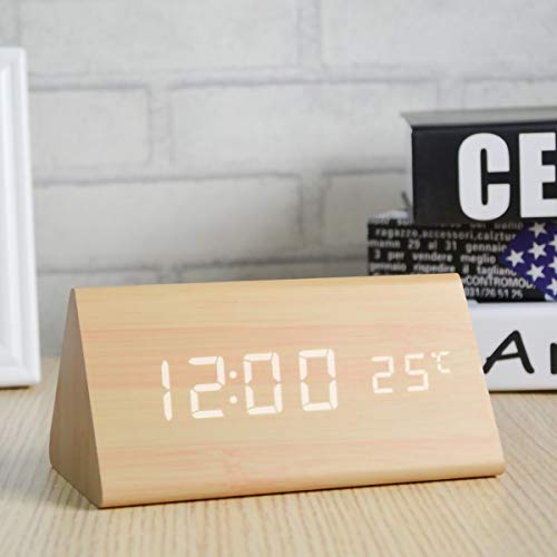 Voltstech Digital Alarm Clock, Triangle Wooden Clock with LED Display, 3 Alarm Settings, 4 Brightness and Temperature, Time & Date, Decor Digital Clock for Bedroom & Bedside (Bamboo)
