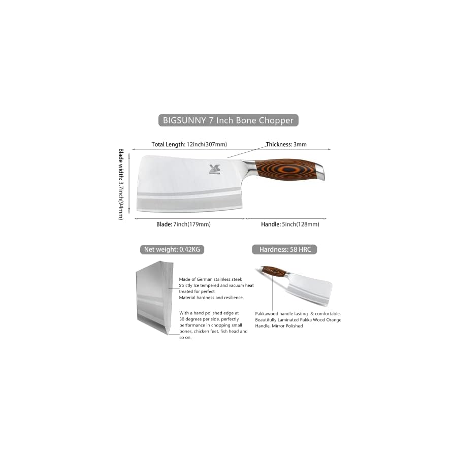 MSY BIGSUNNY 7Inch German Steel Bone Chopping Knife Cleaver Butcher Knife with Pakkawood Handle Multipurpose Use for Home Kitchen