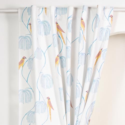Image of Tranquebar Curtain Co. Window Curtains 5 Feet, 60-65% Room Darkening,Yellow-Blue Bird Print, Cotton Curtains for Window,Cotton Curtains 5 Feet Long Set of 2,BackTab Loops,Mithu (152 cm)- Set of 2