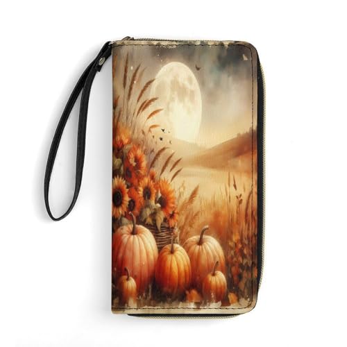Fall Pumpkin Sunflower Full Moon Women's Wallet Wristlet Zipper Purse with Hand Strap Travel Credit Card Holder for Daily Use Gifts