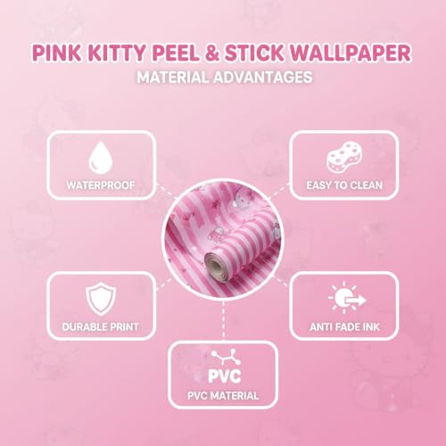 Image of Pink Kitty Kids & Circle Textured Kids Room Wallpaper | Peel & Stick Self Adhesive | Waterproof Removable PVC Vinyl | Baby Boy Room Decoration 16 x 96 Inch