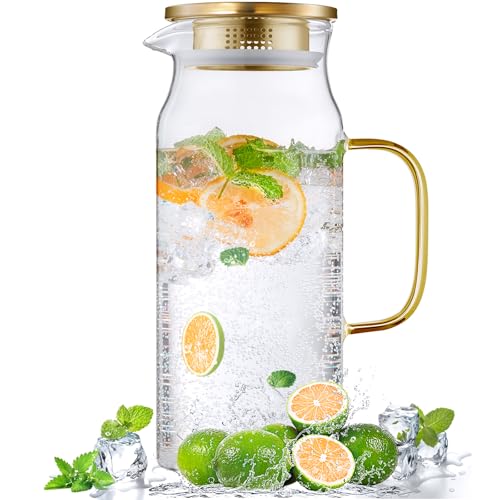 Image of Bivvclaz 2 Liter 68 oz Gold Glass Pitcher with Lid and Handle, Glass Carafe for Hot /Cold Water, Large Iced Tea Pitcher for Coffee, Juice and Homemade Beverage