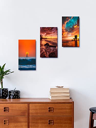 Image of 999STORE Beautiful Sunset Scenery Beach home room decor framed stylish modern wall frames living hanging decorative items (Set of 3 Panels Paper Print 24X15 Inches) MDF3Frames043