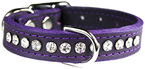 Image of Signature Leather Crystal Dog Collar, Purple Solid Grain Leather, Fits 9.5 inch-11.5 inch Neck Size, 14 inch Overall Length