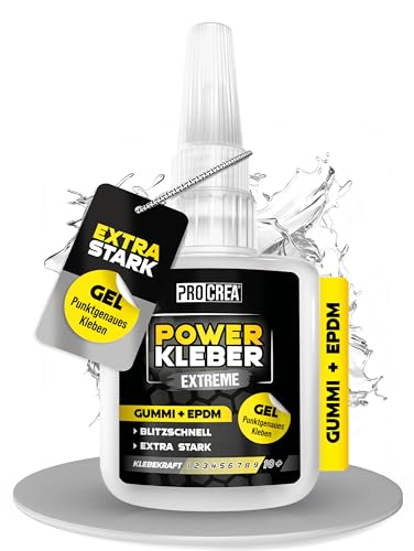 PROCREA Powerkleber Gummi & EPDM extra stark [mit Anti-Austrocknungs-Spitze] Transparenter Gummikleber & Sekundenkleber für alle Gummitypen - Alleskleber und Superkleber - Made In Germany