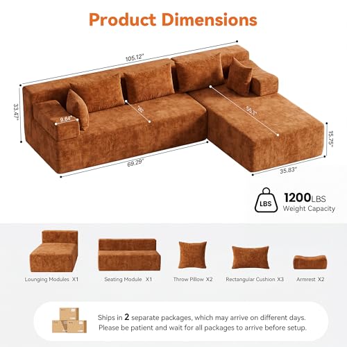 Image of MONVANE 106 inch Cloud Sectional Couch with L-Shaped Chaise, Modular Sectional Sofa with Deep Seat and Removable Armrests, Comfy Chenille Boneless Couches for Living Room, No Assembly Required, Orange
