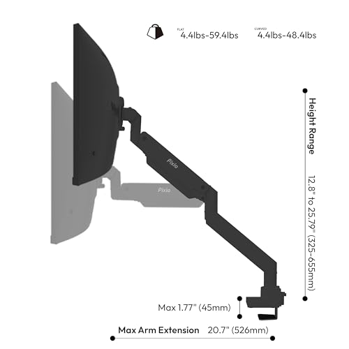 Image of Pixio PS2S Titan Black Ultrawide Mega Heavy-Duty Premium Single Monitor Arm Stand fits up to 57 inch Monitors Holds up to 59.4lbs VESA Compatible Integrated Cable Management