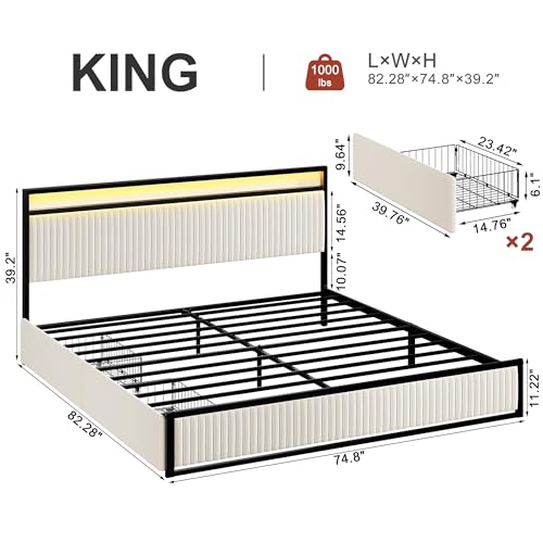 Image of ROLETALENT King Bed Frame with Headboard and Storage 2 Drawers Upholstered Bed Frame King Size with Charging Station & LED Velvet Platform Bed Frame Metal Support No Box Spring Needed Beige