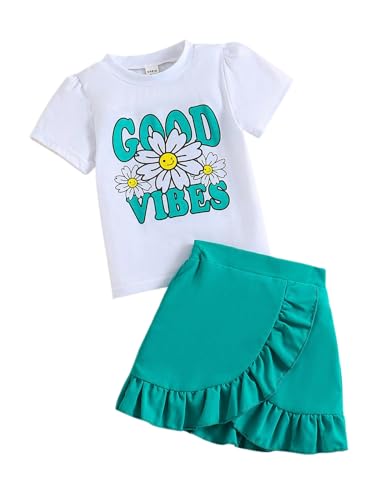 Image of Kids Toddler Girl Summer Clothes Letter Printed T-Shirt Top+ Floral Skirt 2pcs Girl's Skirt Set
