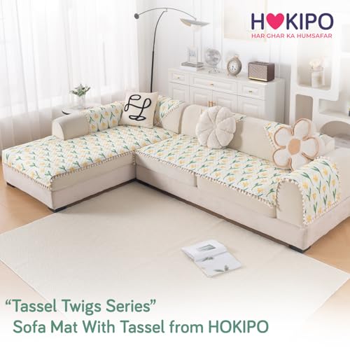 Image of HOKIPO Tulip Blossom L Shape (2+2 Seater) Sofa Seat Mat with Tassel| Quilted Sofa Cover Mat, 'Tassel Twigs' Series (IN-983-T4 + IN-984-T4)