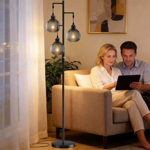Image of QiMH Modern Glass Floor Lamps for Living Room, 3 Lights Standing Lamp, Grey