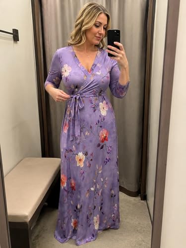Image of Plus Size Maxi Dress for Women V Neck Flowy Dresses with Pockets for Wedding Guest Church