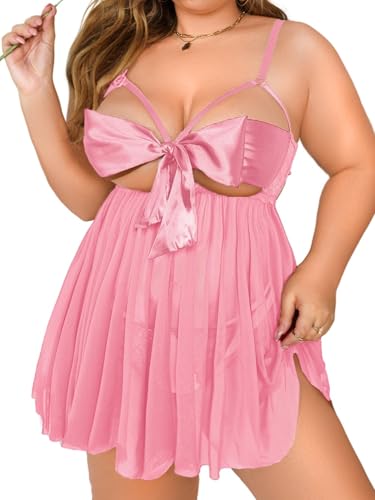 Image of GirlFriend Women Babydoll Lingerie Plus Size Net Chemise Front Ribbon Halter Nightwear Teddy Nightgown Babydoll Lingerie Female Wedding Nightgown for Honeymoon and Anniversary