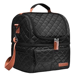 LOKASS Lunch Bags for Women Double Deck Insulated Lunch Box Large Cooler Tote Bag with Removable Shoulder Strap Wide Open Thermal Meal Prep Lunch Organizer Box for Adults/Work/Outdoor, Black-Square