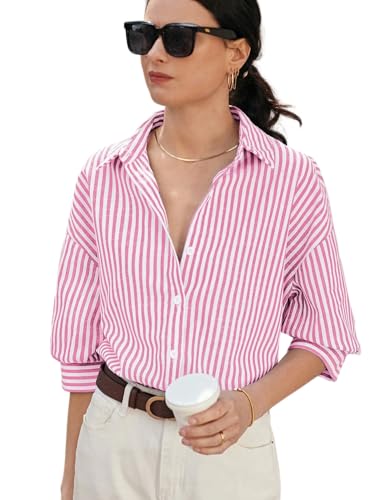 Image of IndoPrimo Women's Classic Fit Striped Print Poly Cotton Shirt with 3 /4 Sleeve Mandarin Neck Standard Length and Button Down Closure Type
