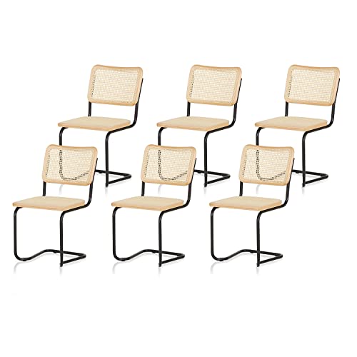 KHG 6er Set Schwingstühle Freischwinger schwarz - Rückenlehne und Sitzfläche aus Massivholz Buche und Rattan - Esszimmerstuhl,...