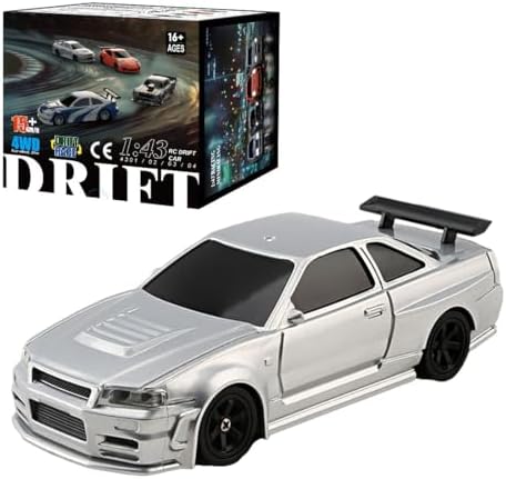 RC Drift Car, 1/43 Full Proportional Electric Mini Racing Model With Lights Kit, Gifts for Adults (RTR Version, Gyroscope, Silver)