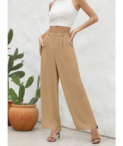 CZYINXIAN Women's Pleated Front Wide-Leg Pants High Waist Casual Waisted-Wide Leg Pants with Pockets(Apricot,Medium) — view 3