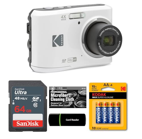 Kodak PIXPRO FZ45 16MP �f�W�^���J���� 4�{���w�Y�[�� 27mm �L�p 1080P �t��HD�r�f�I 2.7�C���` LCD�J���� (�z���C�g) + 64GB �J�[�h�ƃ��[�_�[ + �P�O�d�r (4�p�b�N) + �N���[�j���O�N���X�B