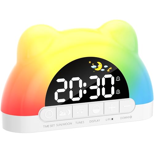 VOSFEEL Kinderwecker,Wecker Digital mit 11 RGB Farb Nachtlicht 5 BILDSCHIRMHELLIGKEIT Dual Alarms