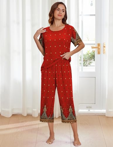 Image of Ekouaer Women's Two Piece Lounge Set Short Sleeve Shirt and Capri Pants Mumu Pajama with Pockets Loungewear Pjs Sets S-2XL