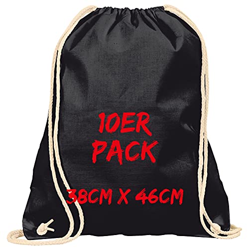TEXXILLA Turnbeutel - 10er Pack | Schwarz | mit robusten Zugbändern | 38x46cm | Jutebeutel | Einkaufstasche | unbedruckt Cover
