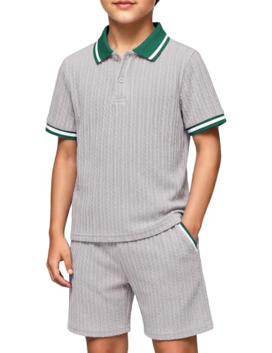 Image of Arshiner Boys 2 Piece Outfits Button Polo Shirt & Elastic Shorts 4-13 Years