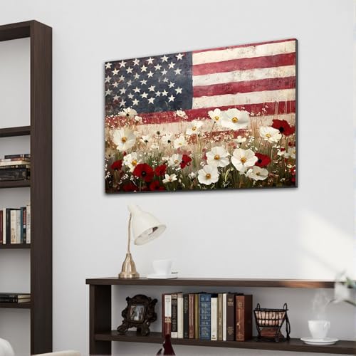 Image of Framed American Flag Mason Jar Wall Art, Patriotic Farmhouse Canvas Art Pictures, USA Rustic Wall Decor, Made in USA Ready to Hang for Kitchen Dining Room