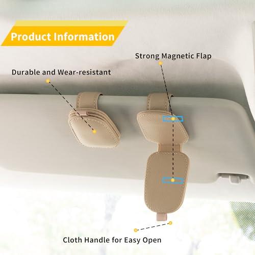 Image of Yuoyar 2 Packs Sunglasses Holders for Car Visor - Magnetic Leather Sunglasses Holder and Ticket Card Clip - Car Visor Accessories (Beige)