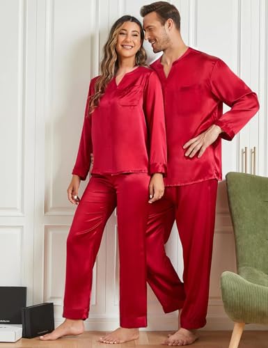 SWOMOG Matching Couple Pajamas Set Family Satin Silk Pjs Button Loungewear Men and Women Long Sleeve Sleepwear4