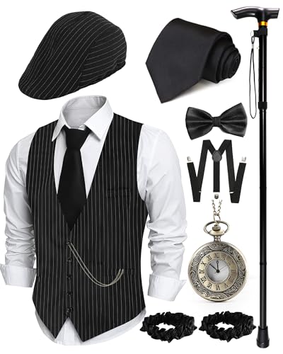 HaBaeBae 1920s Mens Costume Roaring 20s Costumes for Men 1920s Mens Outfit with Folding Walking Cane Hat Vest Pocket Watch Tie Armband Bow Tie Suspenders 1920 Mens Accessories
