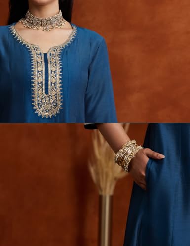 Image of Amazon Brand - Myx Women's Embroidered Anarkali Kurta Pant Set with Organza Dupatta | A-line fit (Available in Plus Sizes)