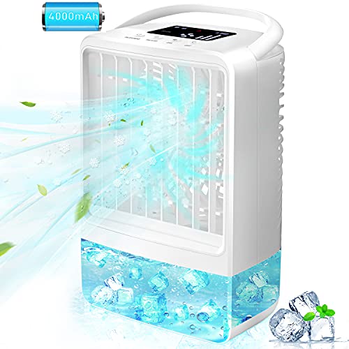 Portable Outdoor Air Conditioner Fan, EEIEER Personal Misting Humidifier Evaporative Air Cooler 3 Speeds 2/4H Timing 7 Colors Light Quiet Small Handled Table Fans for Home Patios with Build-in Battery