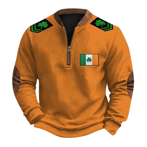 Fashion St Patricks Day Sweatshirts For Mens Vintage Print Long Sleeve Causal V-Neck Zip Up Fashion Irish Pullover Shirts