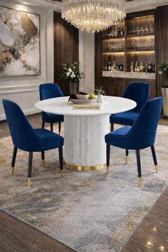 Image of 4 Seater Dining Table Set with 4 Chairs,2yr Warranty - Round Marble Dining Table (91x91x76 cm) - White Marble Top, Solid Wooden Base, Upholstered Chairs with Sheesham Wood Legs - Blue