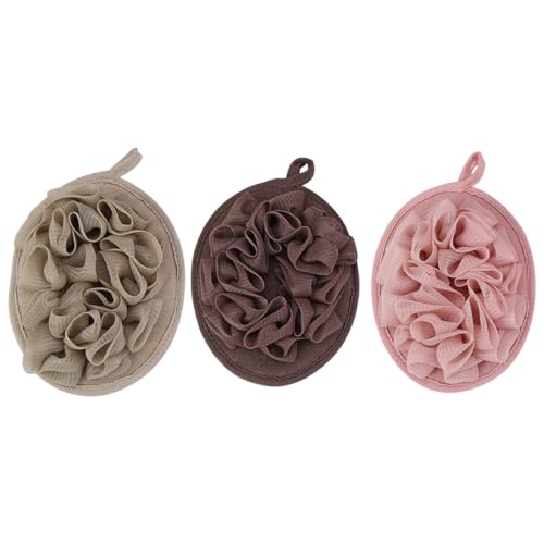 Genérico Juego de 3 Esponjas de Baño con Diseño Floral Bola de Baño Suave con Cuerda Colores Caqui Café Oscuro y Rosa Oscuro Accesorio Exfoliante para Ducha y Cuidado Corporal