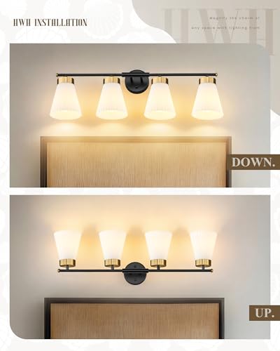 Image of 4-Light Bathroom Light Fixture, HWH 32 Inch Vanity Lights Over Mirror, Modern Sconce Wall Lighting with Frosted Milk White Striped Glass, Black and Gold Finish, 5HZG97B-4W BK+BG