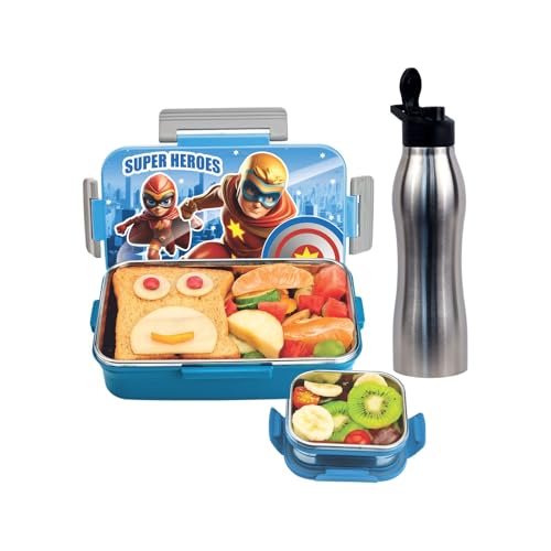 Image of SIGNORA WARE Delight C Nugget Stainless Steel Printed Lunch Box Set for Kids | Airtight Lid with Clip Lock | Compact & Sleek Size | Great for Picnics & Outdoors (700ml + 130ml + 750ml Bottle | Blue)