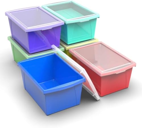 Image of Storex 5.5 Gallon Storage Bin with Lid - Plastic Classroom Organizer for Books and Supplies, Assorted Colors, 6-Pack (62741U06C)