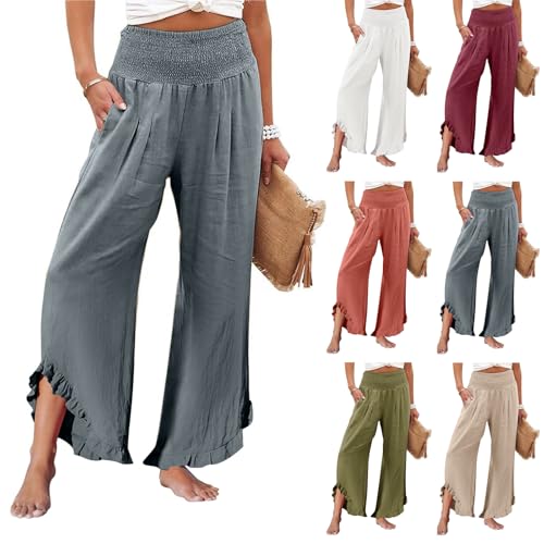 Linen Palazzo Pants for Women Smocked Waist Boho Wide Leg Trousers Baggy Ruffle Vacation Beach Pants with Pockets