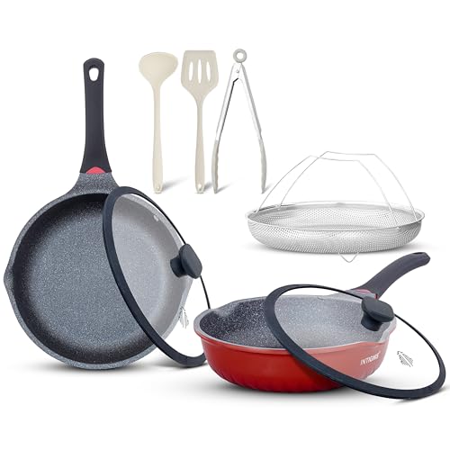 Ensemble 7-pièces poêles profondes céramique antiadhésive avec ustensiles & couvercles en verre – poêles 28/30 cm bords verseurs, empilables,...