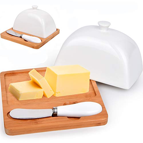 Butter Dish with Cover, Ceramic Butter Dishes with Bamboo Lid Large
