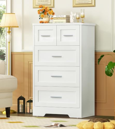 Image of TEENFON Tall White Dresser for Bedroom, Modern 5 Drawer Dresser with Metal Handles, Wood Dressers & Chest of Drawers, Wooden Closet Clothes Storage Organizer for Bedroom, Living Room, Hallway, White